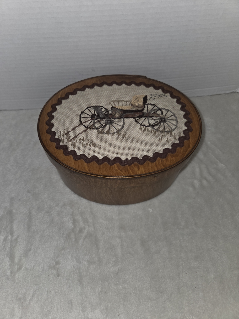Vintage Cylinder Wooden Storage Box w/ Decorative Horse Buggy Cross Stitch Lid